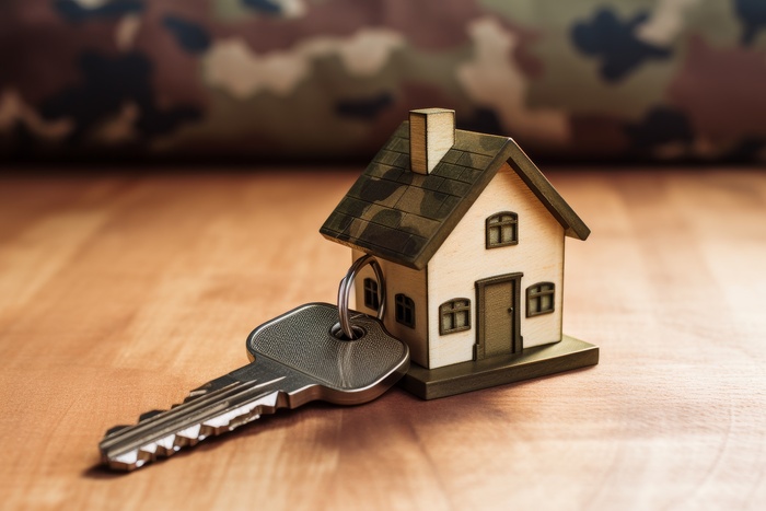 VA Loans - a miniature wooden house with a metal key placed beside